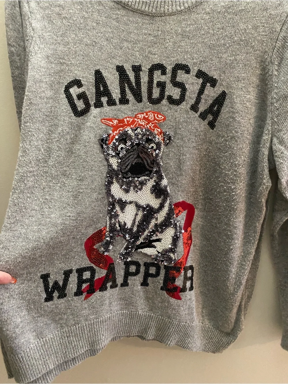 H&M Gray 'Gangsta Wrapper' Embellished Pug Sweater with Red Accent - Picture 2 of 8
